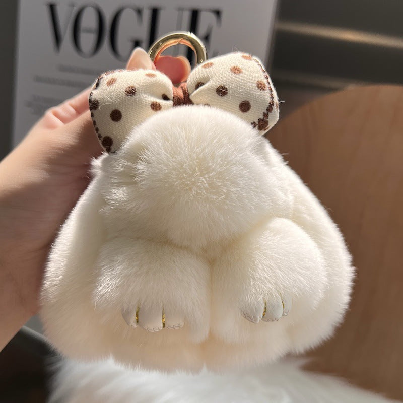 Cute Real Rex Rabbit Hair Bow Bunny Keychain
