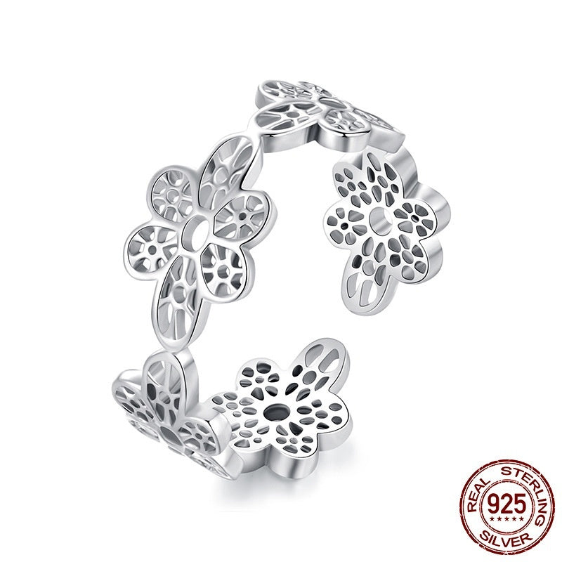 925 Sterling Silver Niche High-grade Hollow Lace Small Flower Open Ring