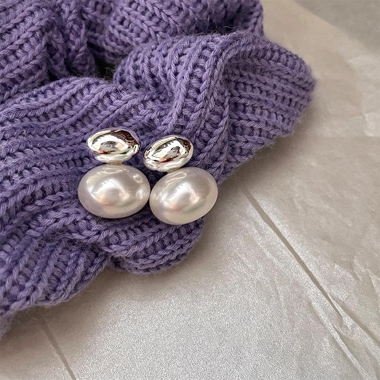 S925 Sterling Silver Oval Sliver Beads Artificial Pearl Earrings