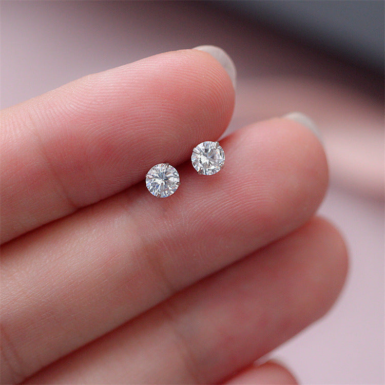 Round Silver Pin Zircon Ear Studs Earrings