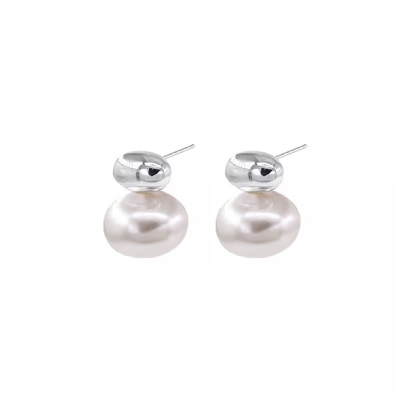 S925 Sterling Silver Oval Sliver Beads Artificial Pearl Earrings