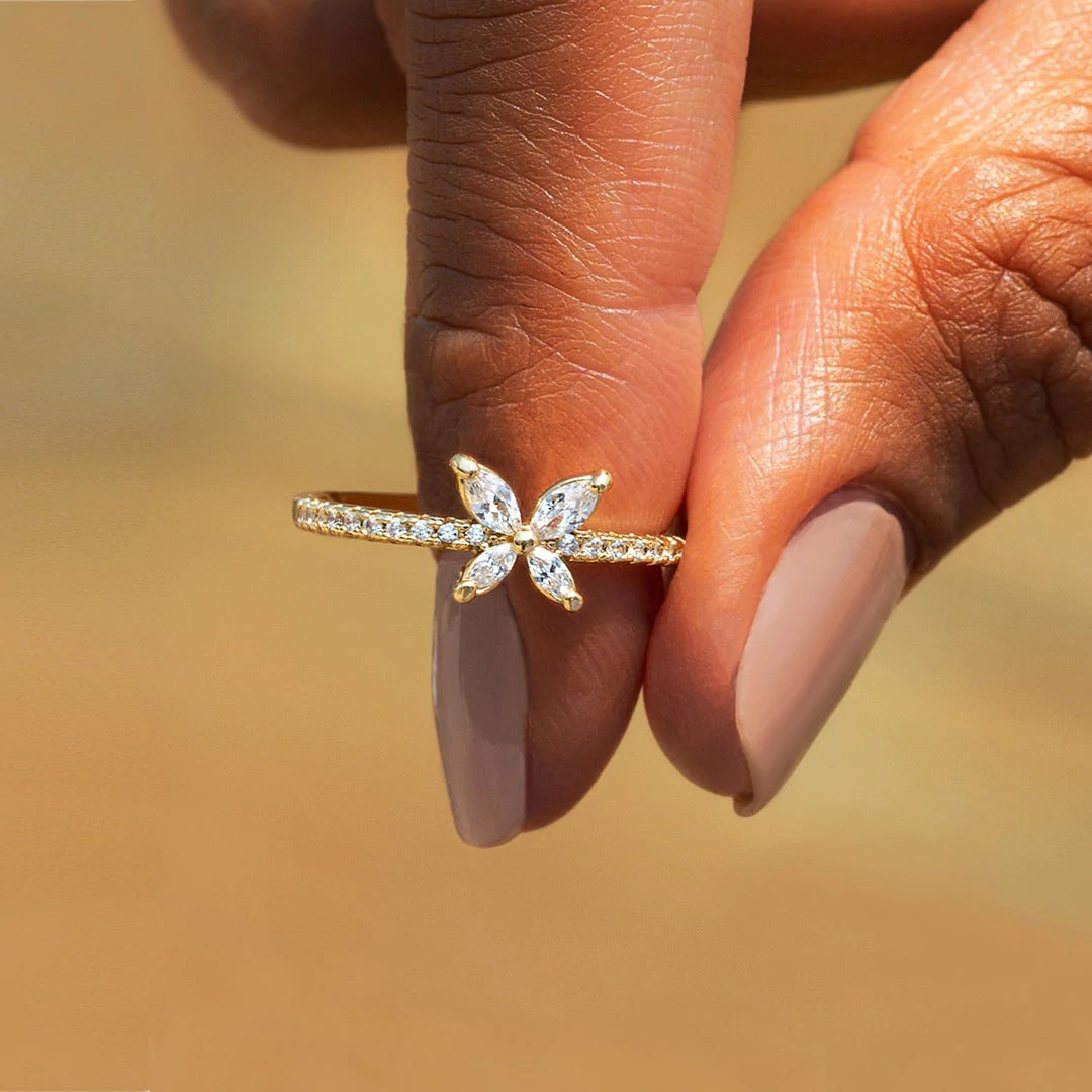 S925 Sterling Silver Butterfly Diamond-studded Ring