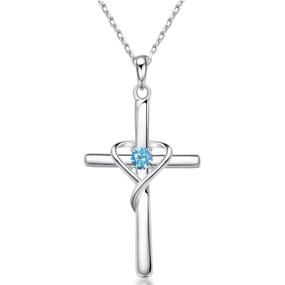 Birth Stone S925 Sterling Silver Cross Frame Pendant Clavicle Chain