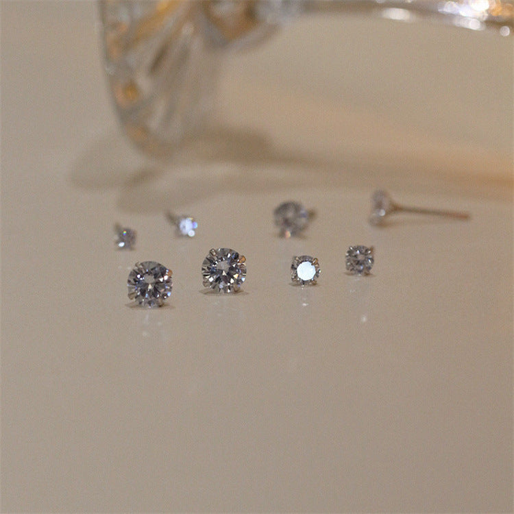 Round Silver Pin Zircon Ear Studs Earrings