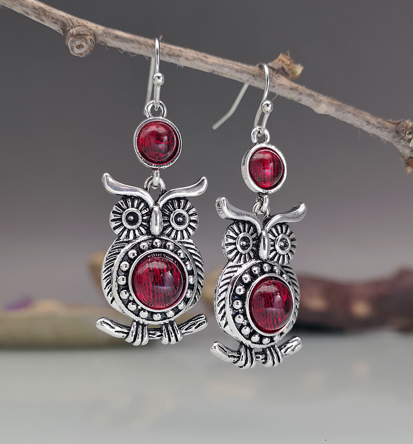 Lace Ruby And Owl Earrings