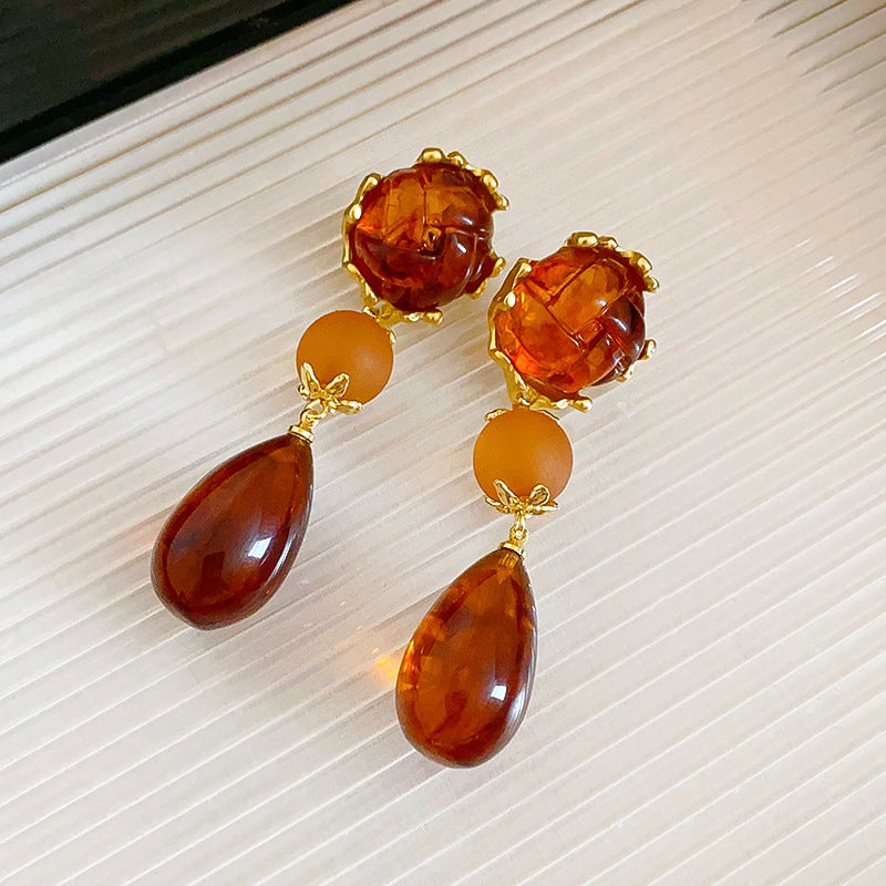 Silver Needle Mid-ancient Vintage Water Drop Tassel Earrings Maillard Style