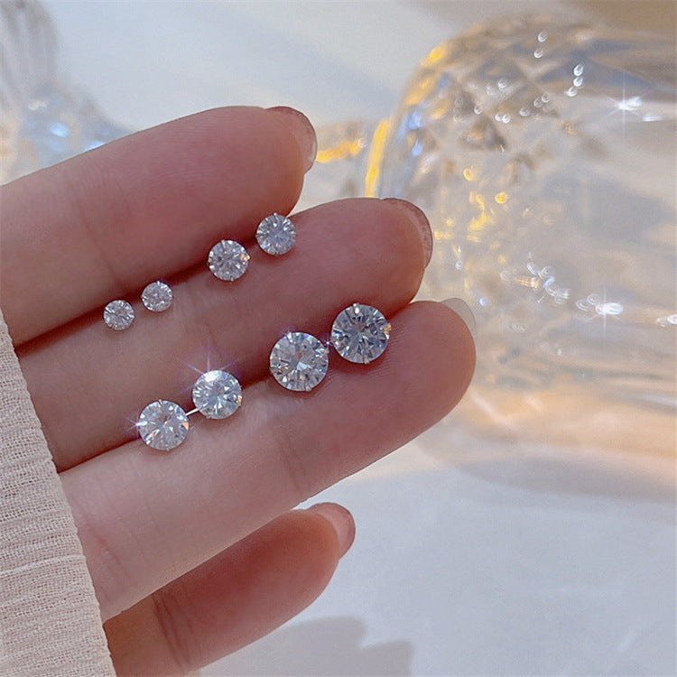 Round Silver Pin Zircon Ear Studs Earrings