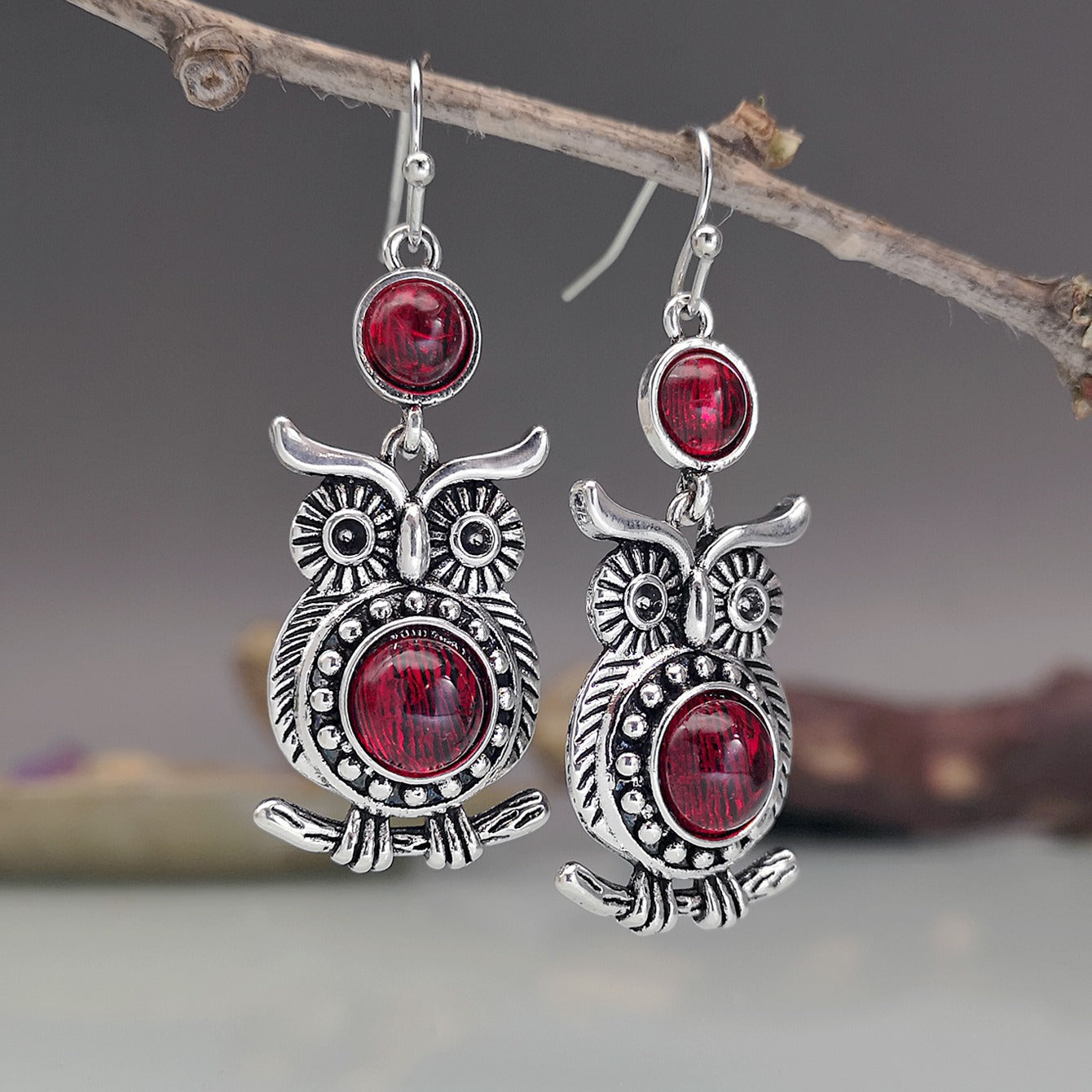 Lace Ruby And Owl Earrings