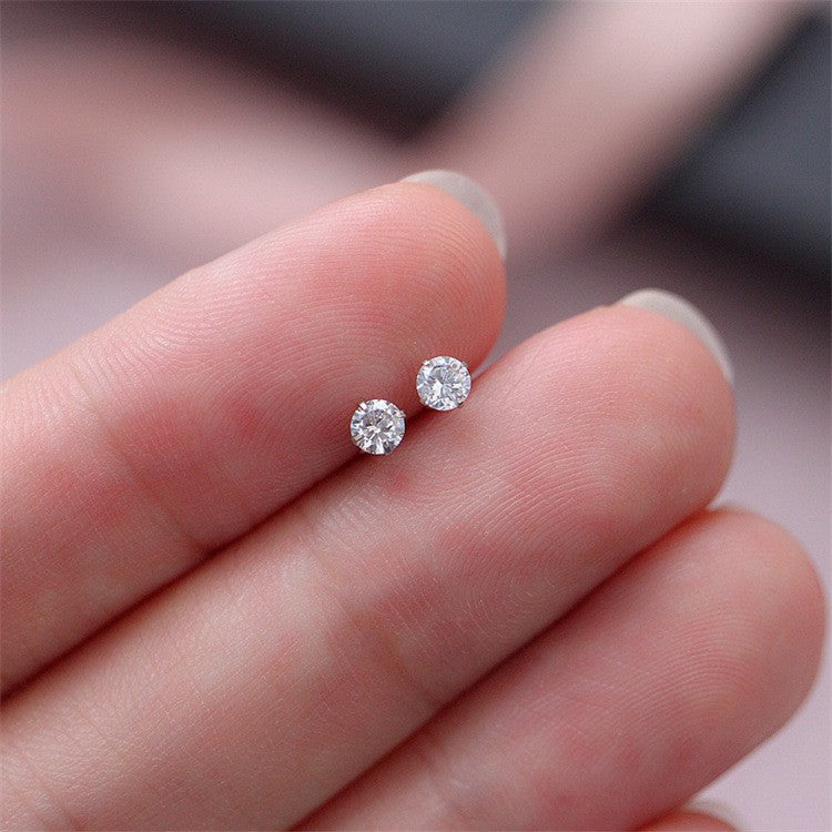 Round Silver Pin Zircon Ear Studs Earrings