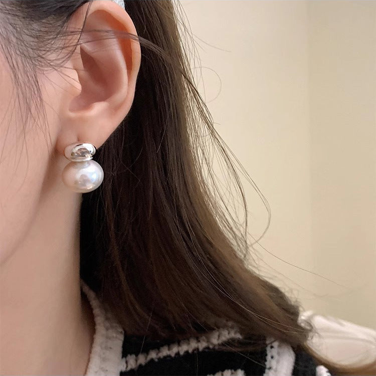 S925 Sterling Silver Oval Sliver Beads Artificial Pearl Earrings