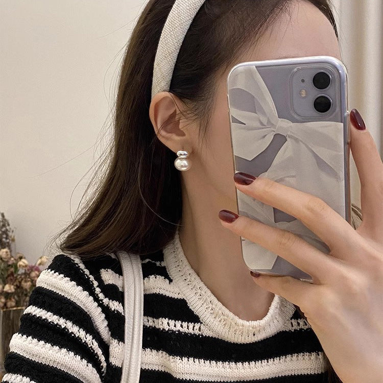 S925 Sterling Silver Oval Sliver Beads Artificial Pearl Earrings