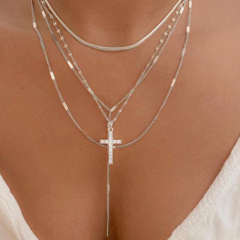 Vintage Cross Pendant Clavicle Chain Multi-layer Necklace