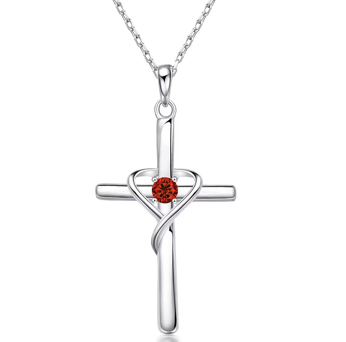Birth Stone S925 Sterling Silver Cross Frame Pendant Clavicle Chain