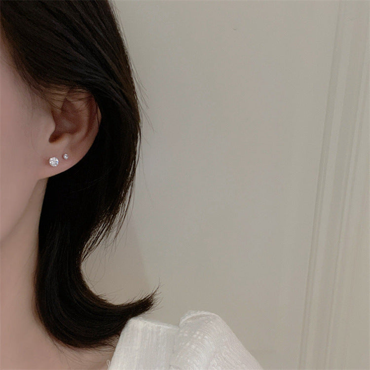 Round Silver Pin Zircon Ear Studs Earrings
