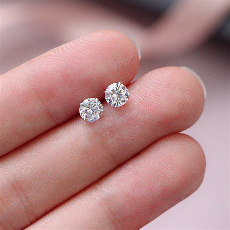 Round Silver Pin Zircon Ear Studs Earrings