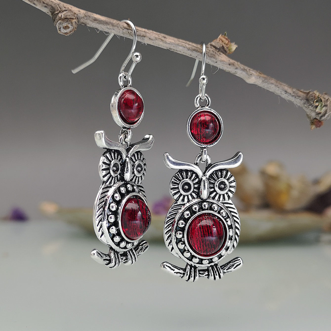Lace Ruby And Owl Earrings