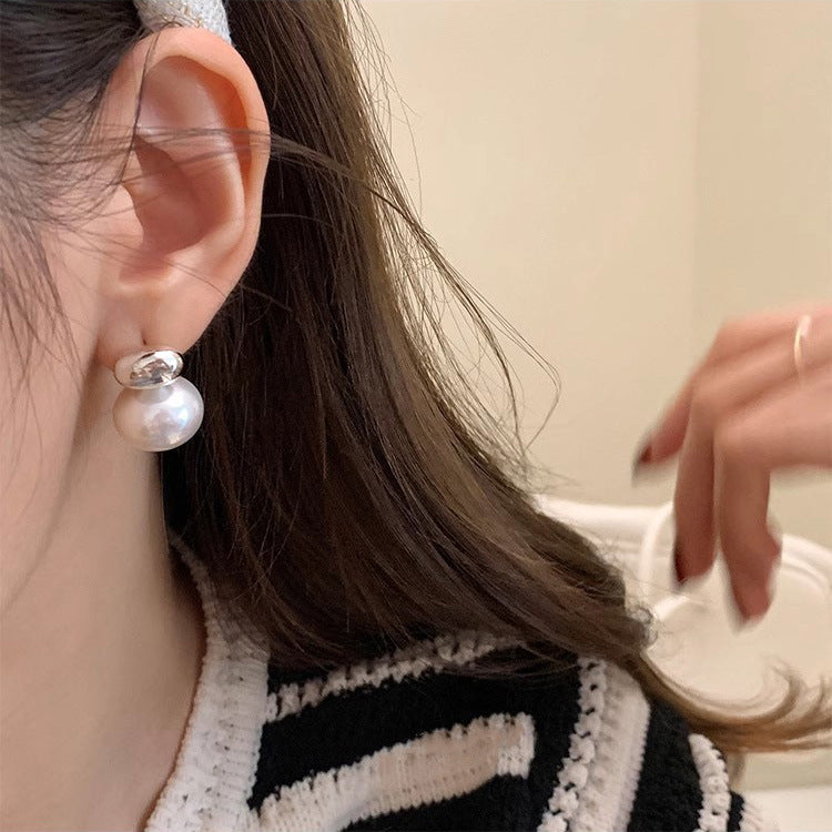 S925 Sterling Silver Oval Sliver Beads Artificial Pearl Earrings