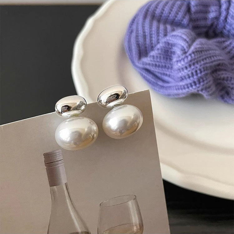 S925 Sterling Silver Oval Sliver Beads Artificial Pearl Earrings