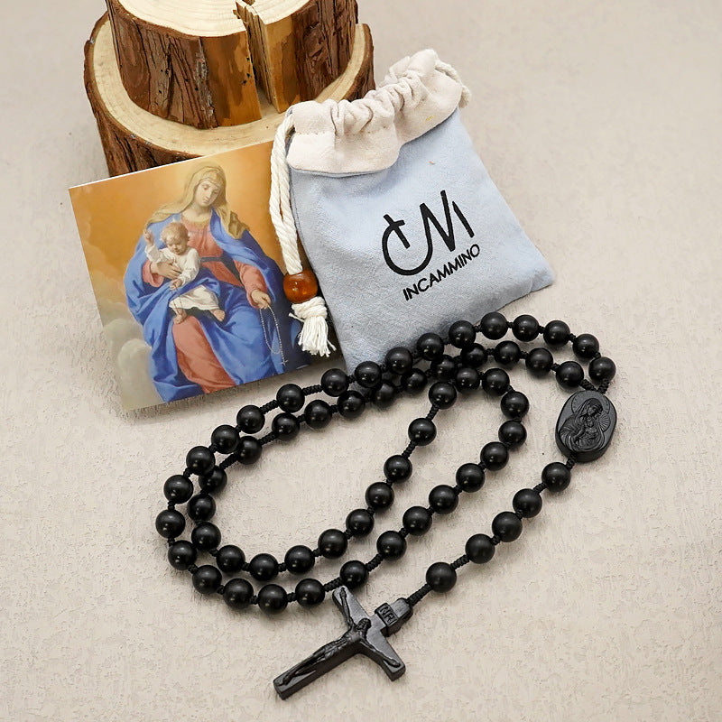 Lobular Purple Blackwood Rosary Classic Rope Cross Necklace