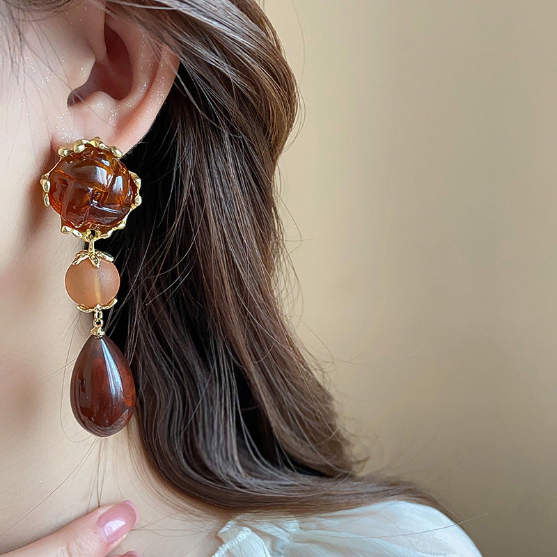 Silver Needle Mid-ancient Vintage Water Drop Tassel Earrings Maillard Style