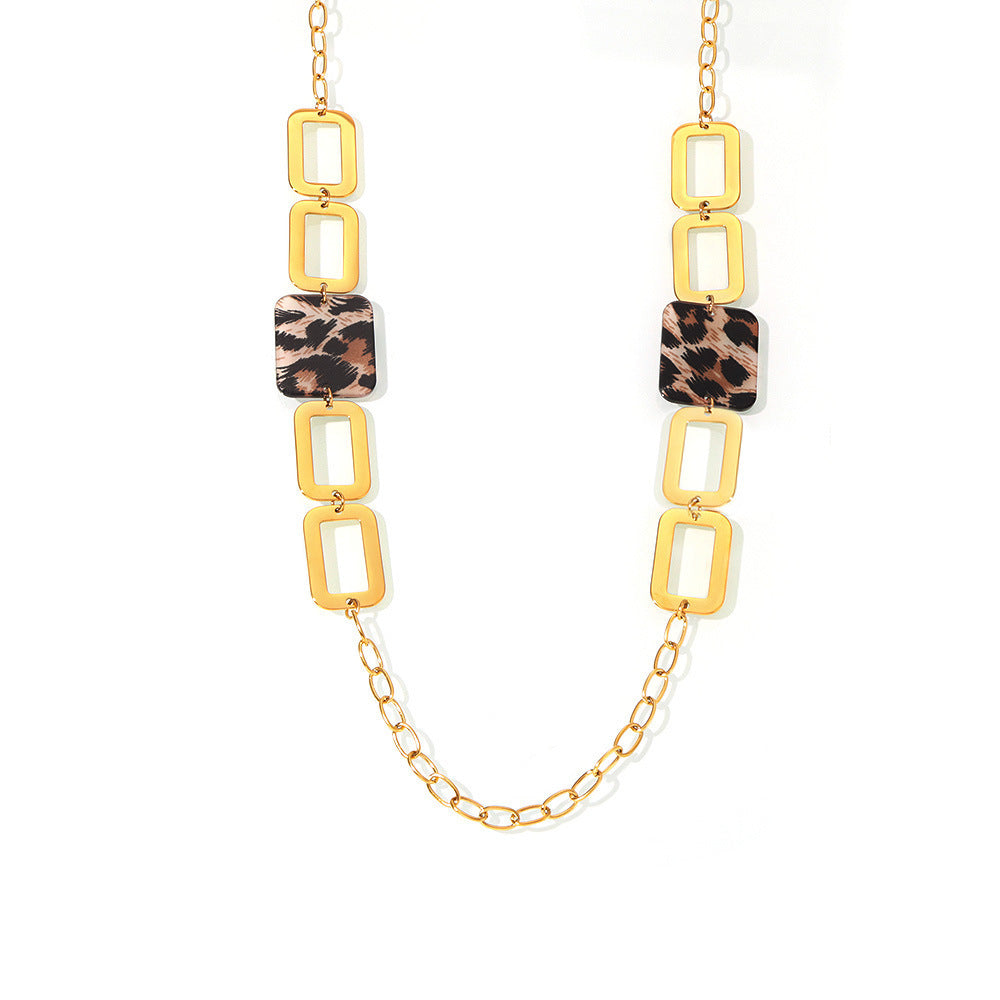 Stainless Steel Acrylic Leopard Print Square Necklace