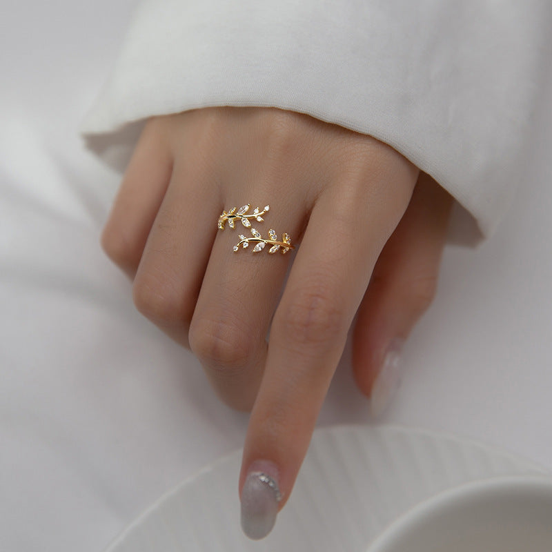 S925 Sterling Silver Diamond Leaf Ring