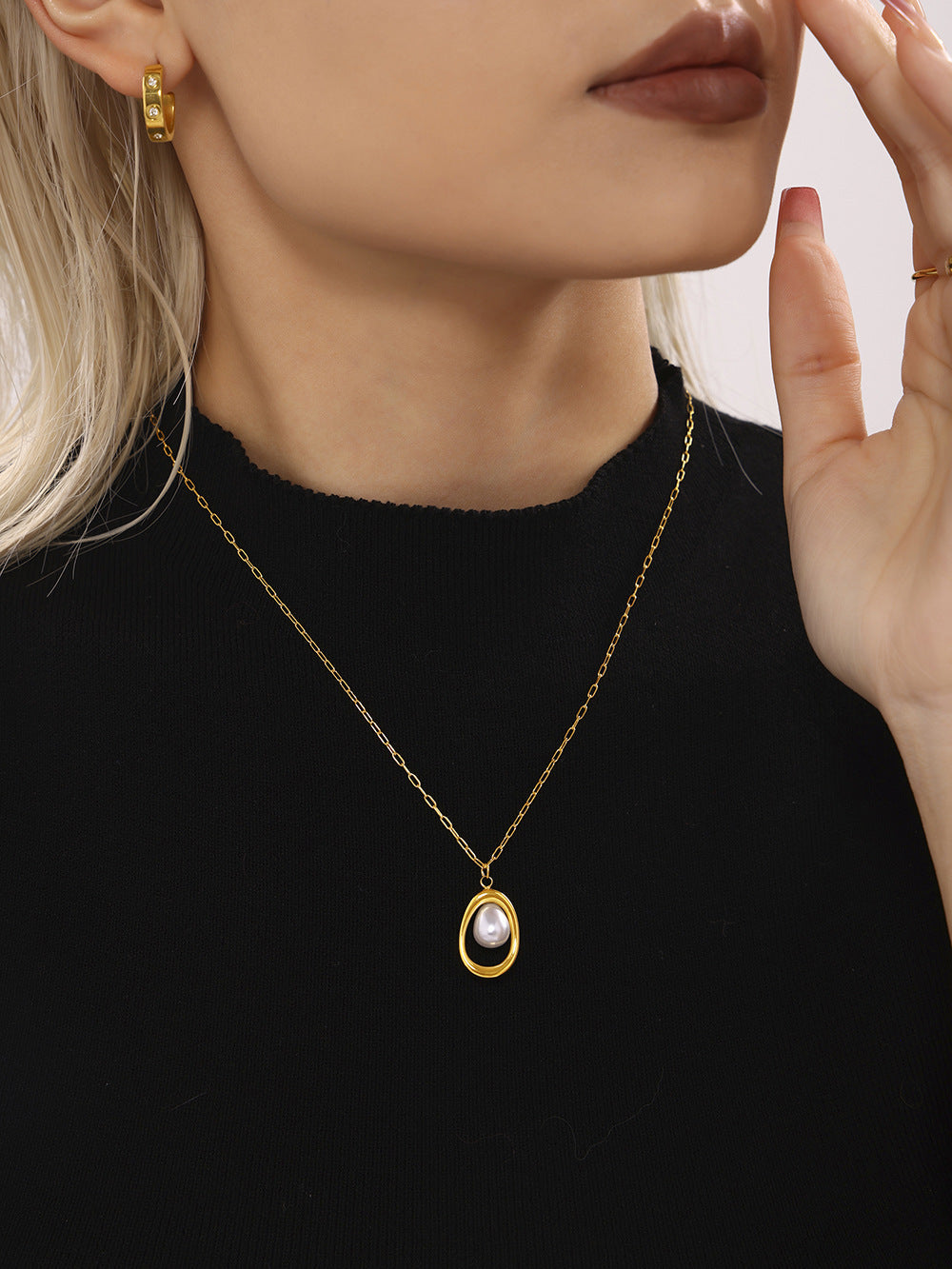 Stainless Steel Gold Ingot Pearl Necklace