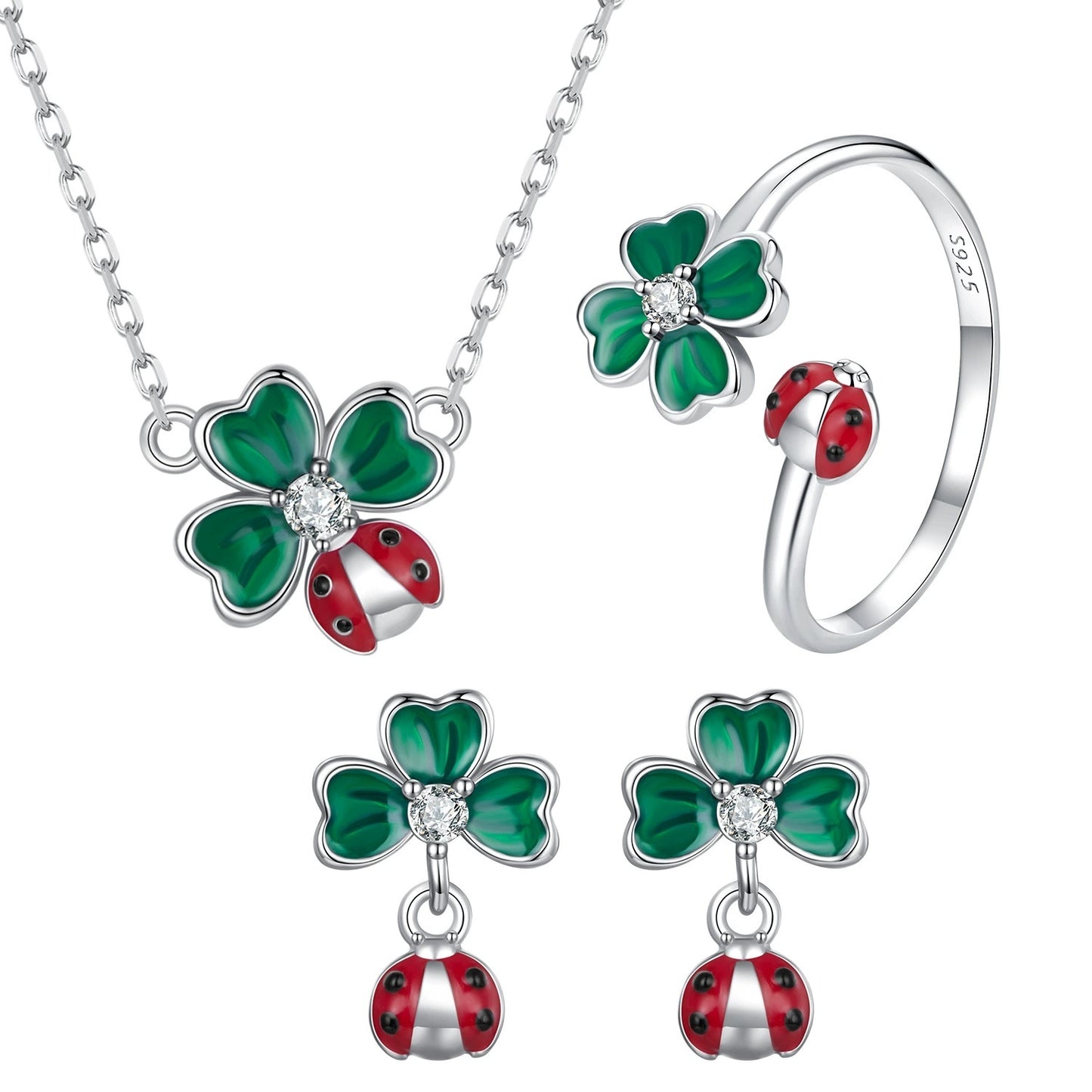 S925 Sterling Silver Ladybug Necklace Ring Earring Set