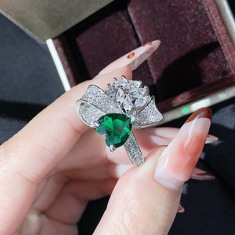 Love Colored Gems High-grade Emerald Bow Open Ring