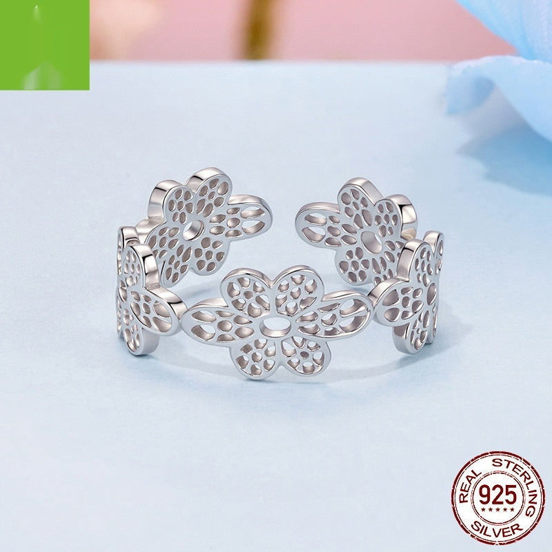 925 Sterling Silver Niche High-grade Hollow Lace Small Flower Open Ring