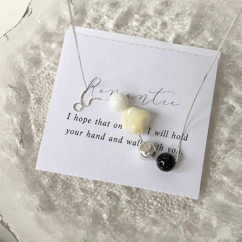 S925 Silver Black Agate White Shell Stitching Necklace