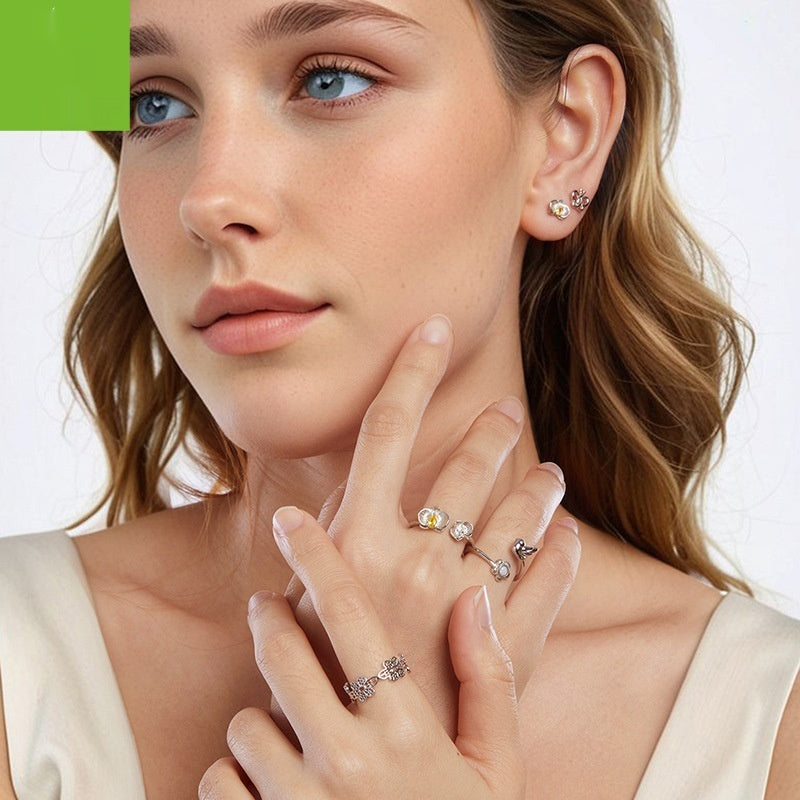 Sterling Silver White Gold Plated Phalaenopsis Stud Earrings