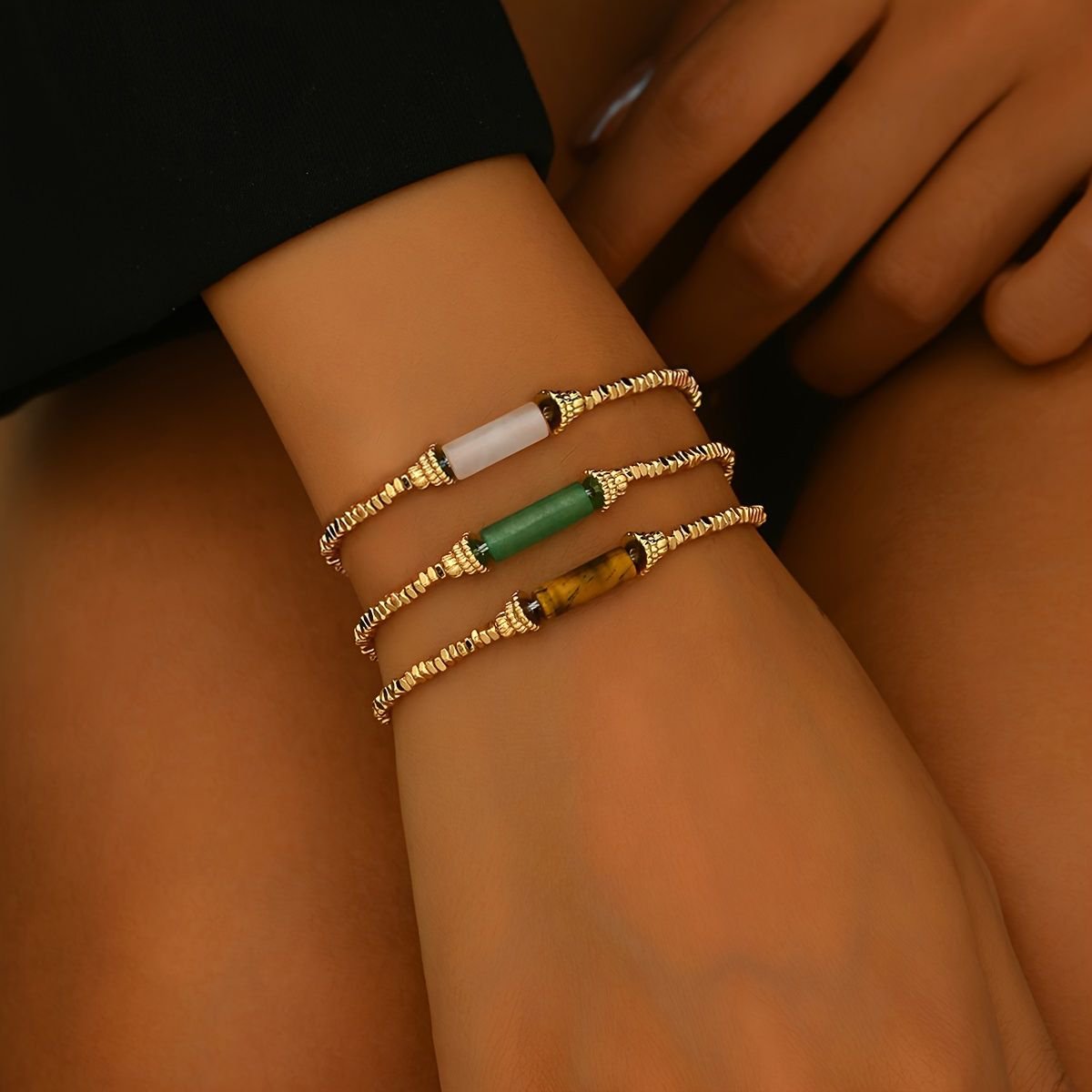 Chic Gold-Tone Beaded Bracelet Set - Boho Style Stackable Bangles With Colorful Accents