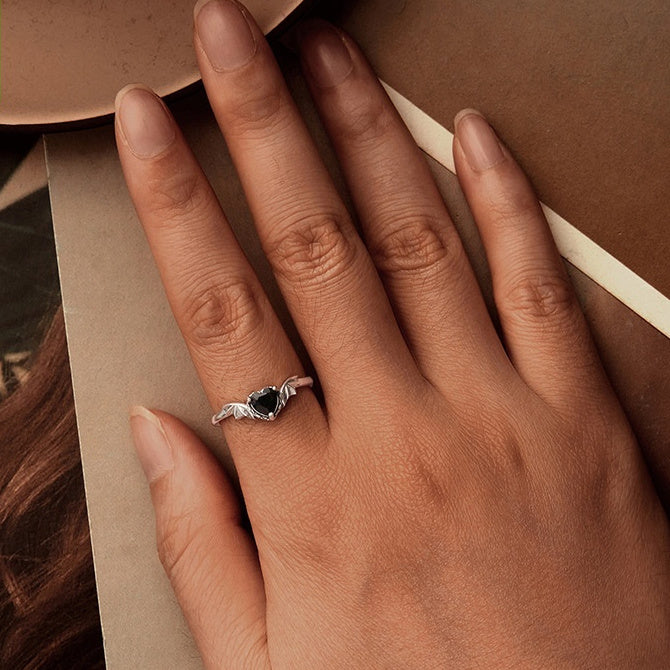 Black Zirconium Heart Wings Ring