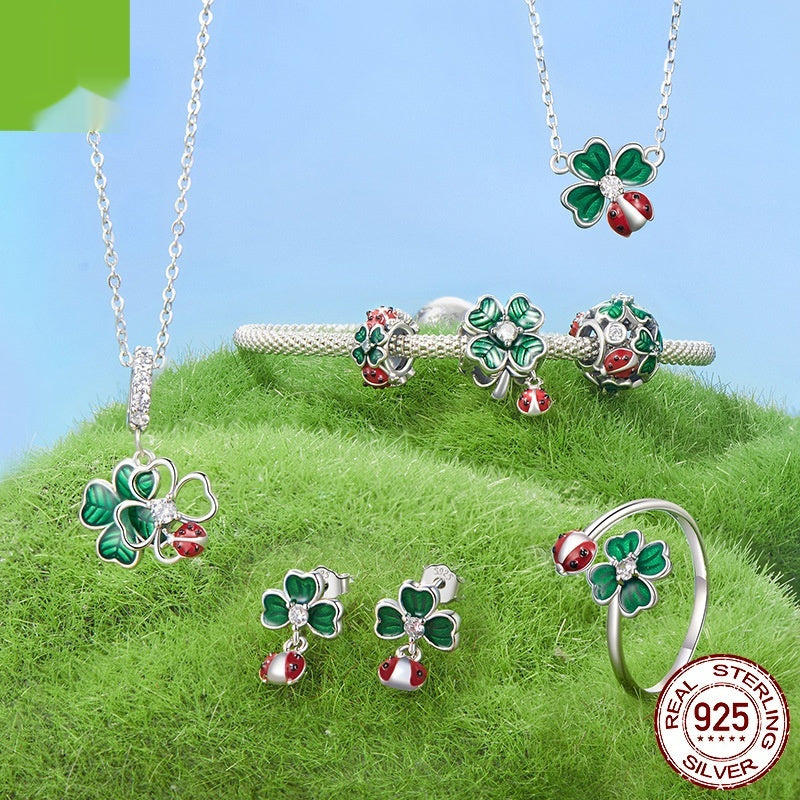 S925 Sterling Silver Ladybug Necklace Ring Earring Set
