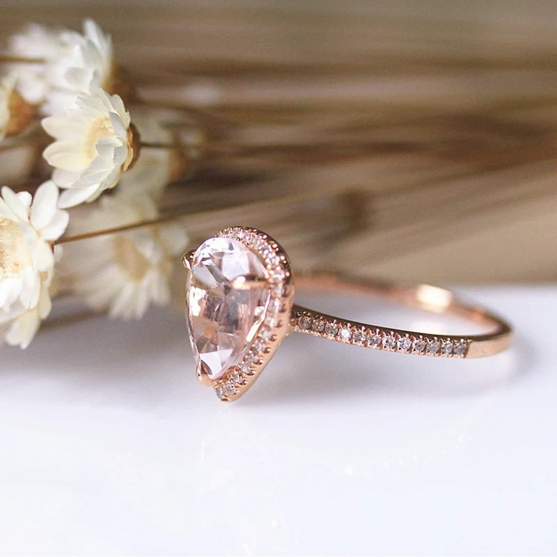 18K Rose Gold Plated Inlaid Pink Crystal Water Drop Pear-shaped Ring