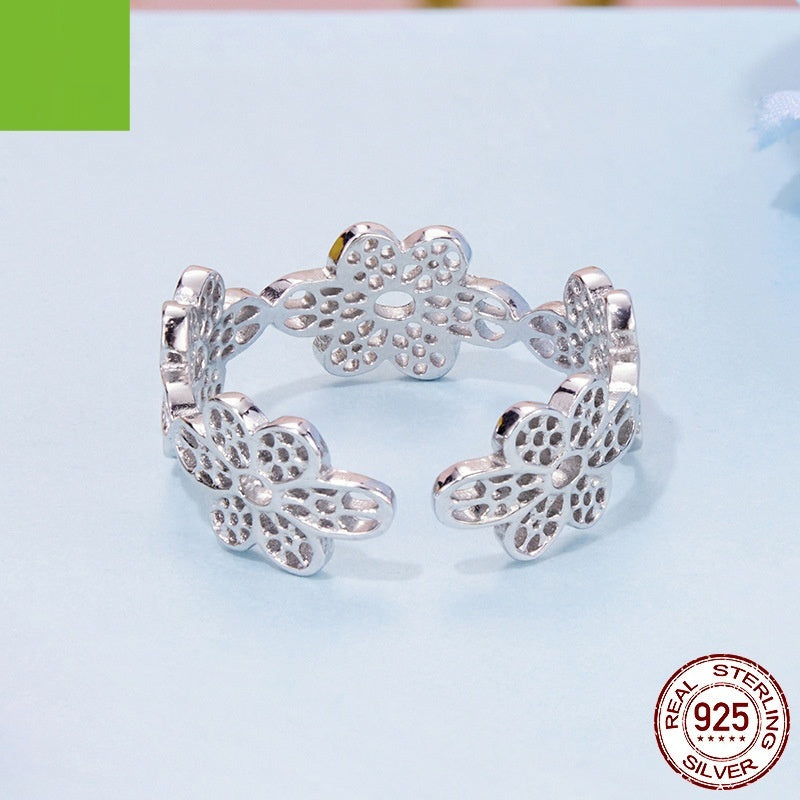925 Sterling Silver Niche High-grade Hollow Lace Small Flower Open Ring