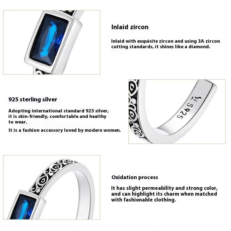 Sterling Silver Retro Pattern Square Zirconium Open Ring