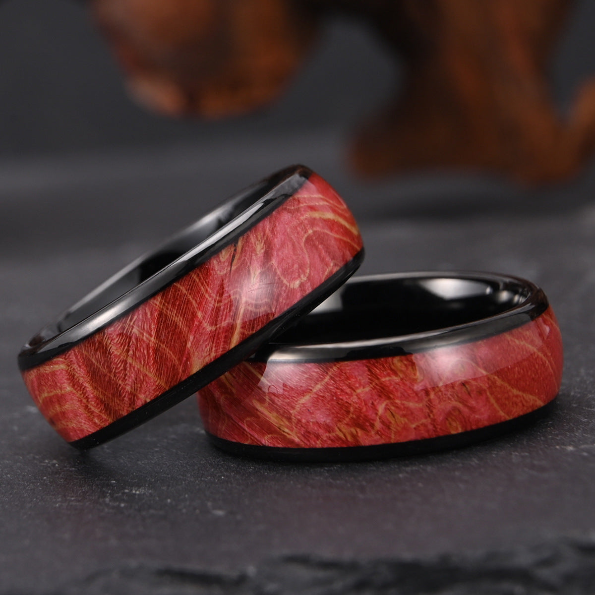 8 Wide Electric Black Tungsten Steel Inlaid Wood Men's Ring