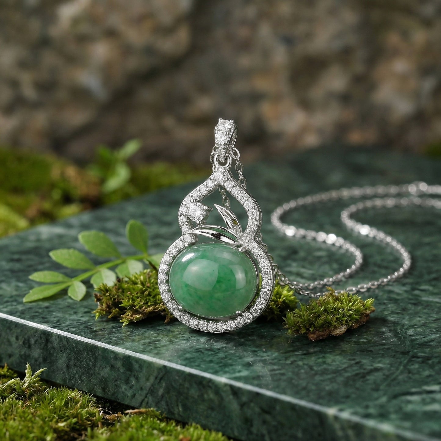 925 Sterling Silver Elegant Green Jadeite Gourd Pendant Necklace with Shimmering Diamond Accents