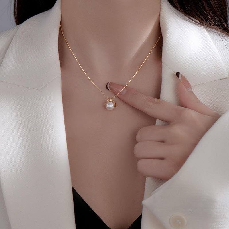 High Quality Round White Glass Pearl Pendant Necklace For Women In 14K Gold, 8-9mm