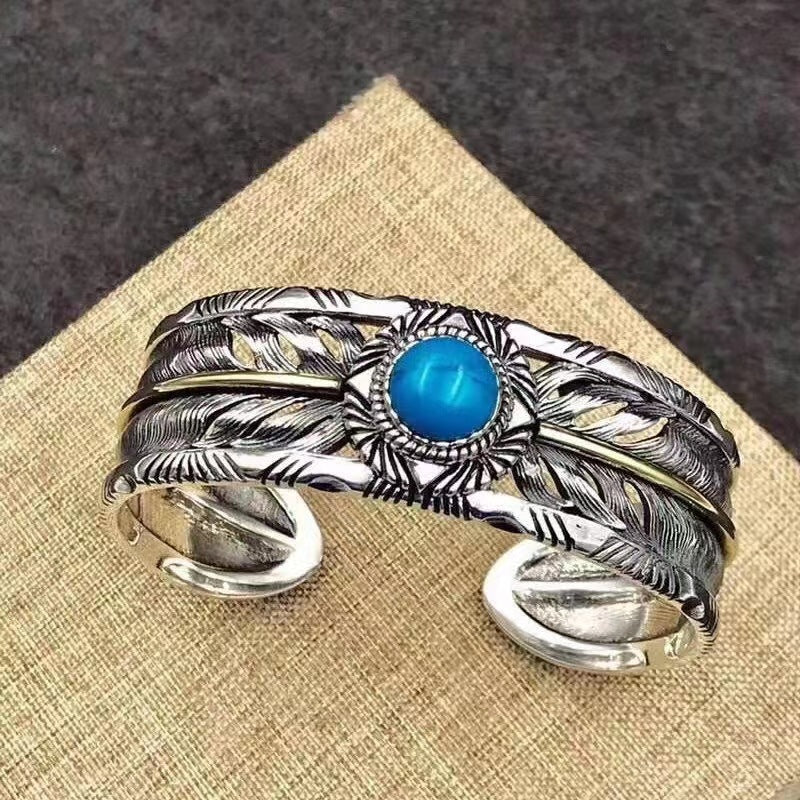 Women's Retro Feather Turquoise Open Bracelet