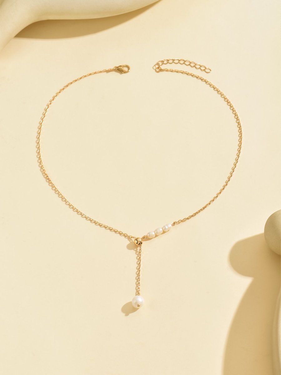 Elegant Gold-Tone Pearl Drop Necklace
