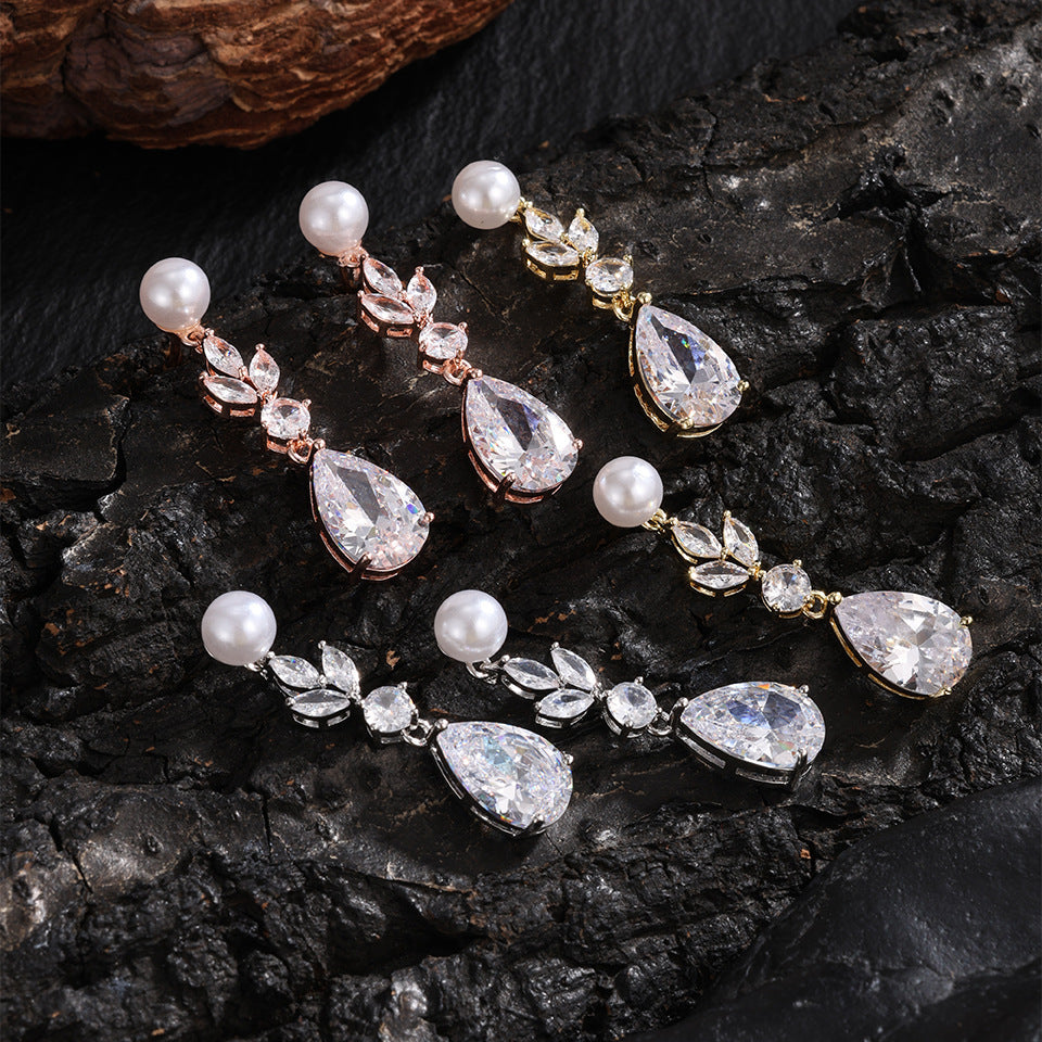 Fashion Leaves Zircon Water Drop Earrings