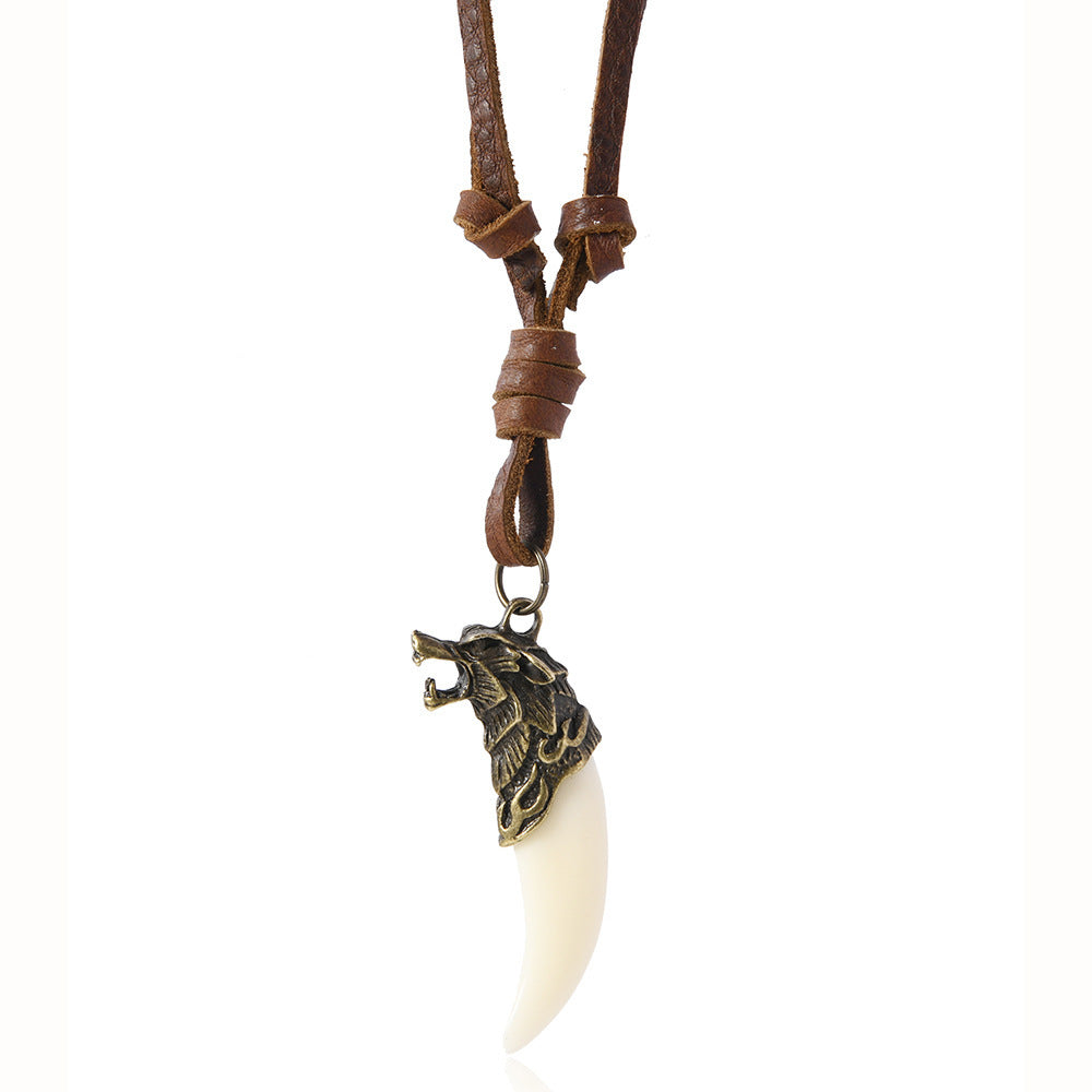 Simple And Adjustable Creative Vintage Wolf Tooth Cowhide Necklace