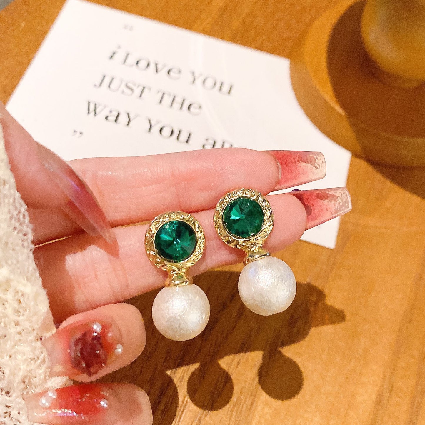 Emerald Rhinestone Pearl Stud Earrings