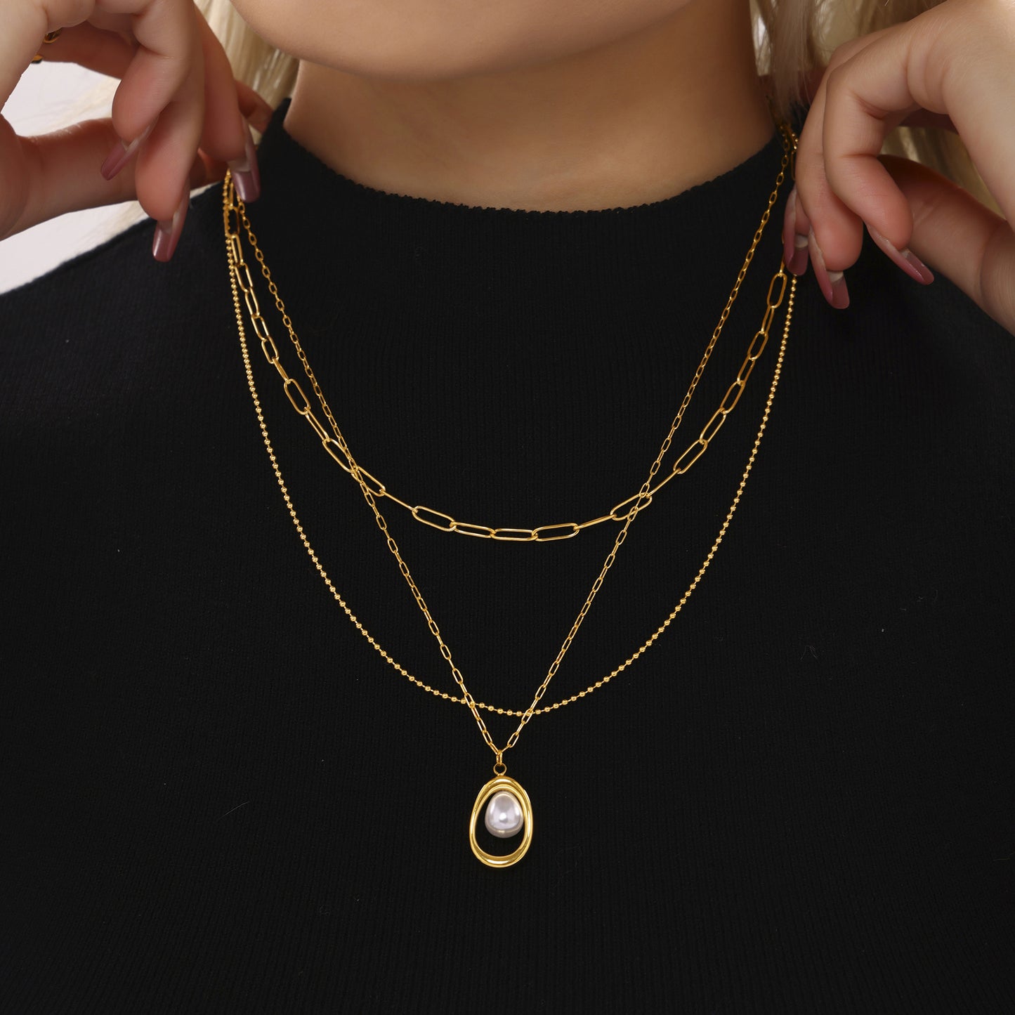 Stainless Steel Gold Ingot Pearl Necklace