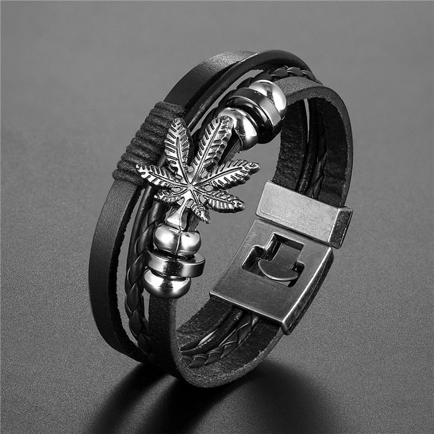 Genuine Leather Bracelet Vintage Ribbon Maple Leaf Ornament