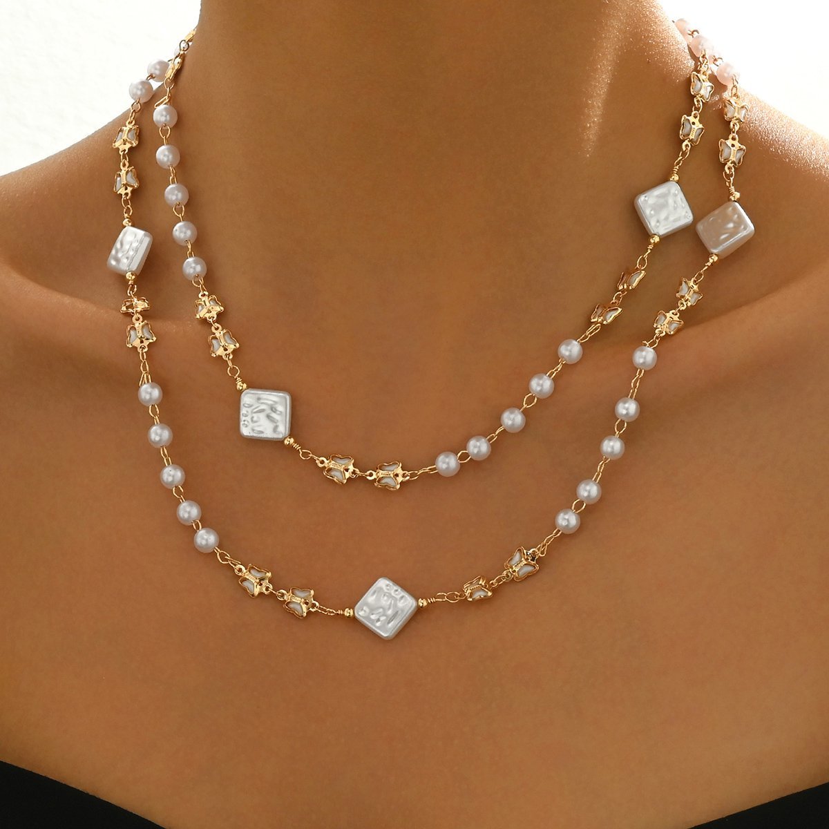 Elegant Double Layer Pearl And Square Bead Necklace