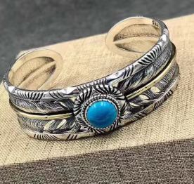 Women's Retro Feather Turquoise Open Bracelet